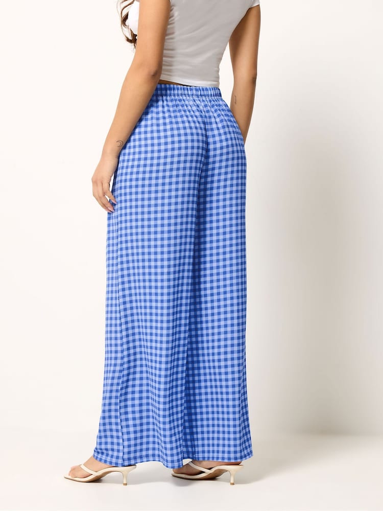 PixieGirl Petite Blue Gingham Wide Leg Trousers - Image 2 of 5 PixieGirl Petite Blue Gingham Wide Leg Trousers - Image 2 of 5
