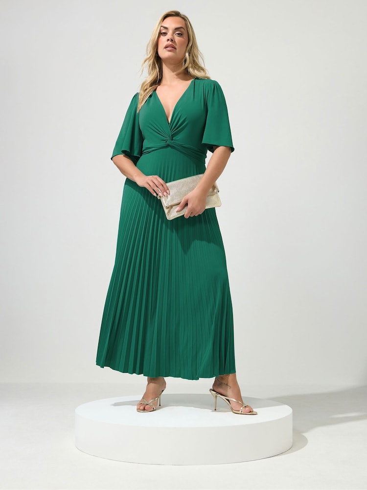 Yours Curve Aqua Blue London Pleated Knot Angel Sleeve Maxi Dress - Image 1 of 5