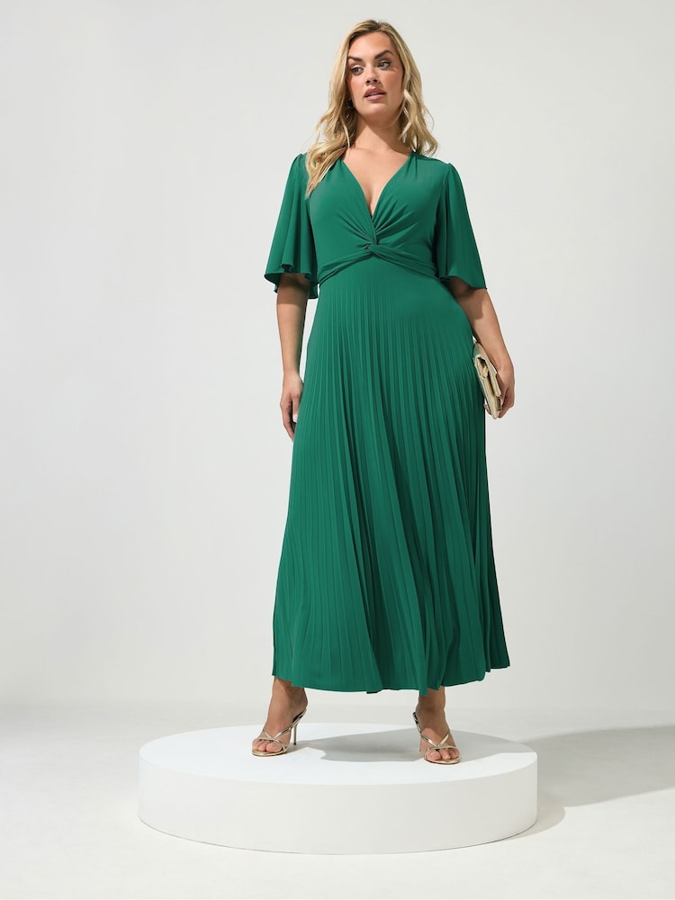 Yours Curve Aqua Blue London Pleated Knot Angel Sleeve Maxi Dress - Image 2 of 5