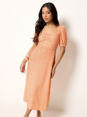 PixieGirl Petite Orange Daisy Ruched Bust Midi Dress - Image 1 of 5