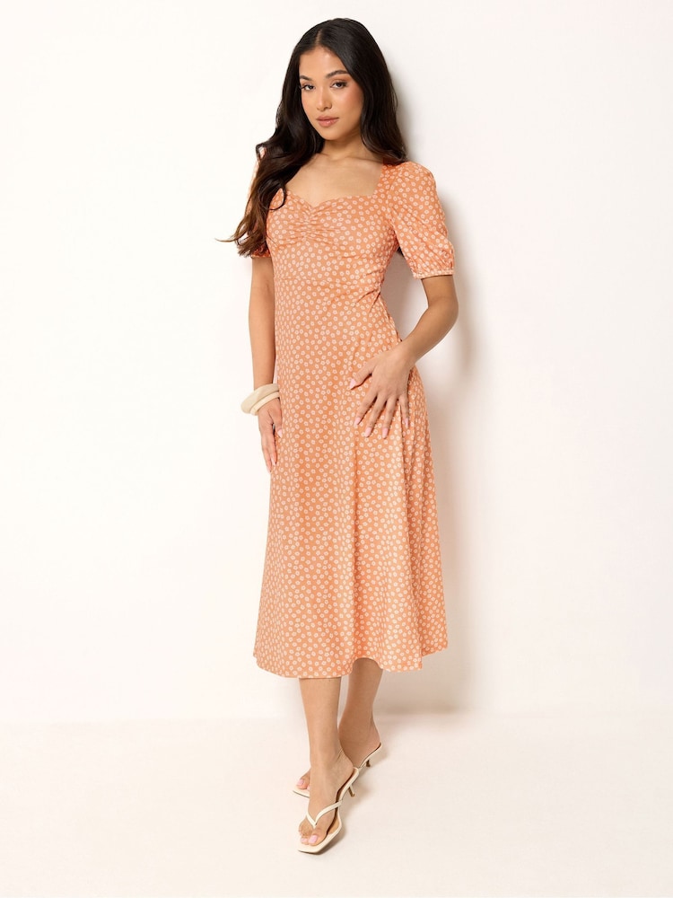 PixieGirl Petite Orange Daisy Ruched Bust Midi Dress - Image 2 of 5 PixieGirl Petite Orange Daisy Ruched Bust Midi Dress - Image 2 of 5