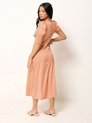 PixieGirl Petite Orange Daisy Ruched Bust Midi Dress - Image 3 of 5