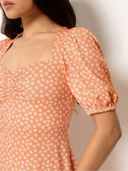 PixieGirl Petite Orange Daisy Ruched Bust Midi Dress - Image 4 of 5