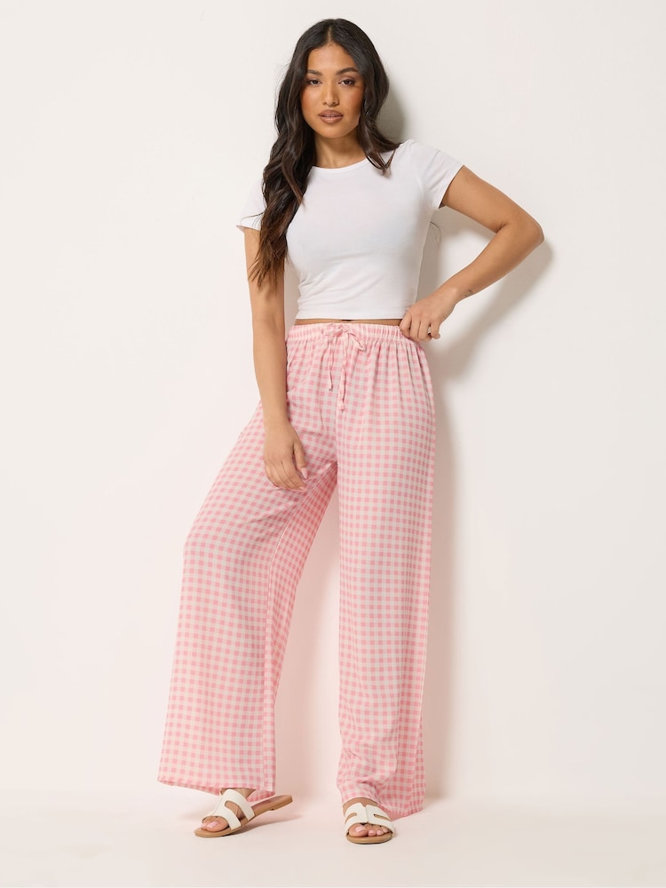 PixieGirl Petite Pink Gingham Wide Leg Trousers - Image 1 of 5