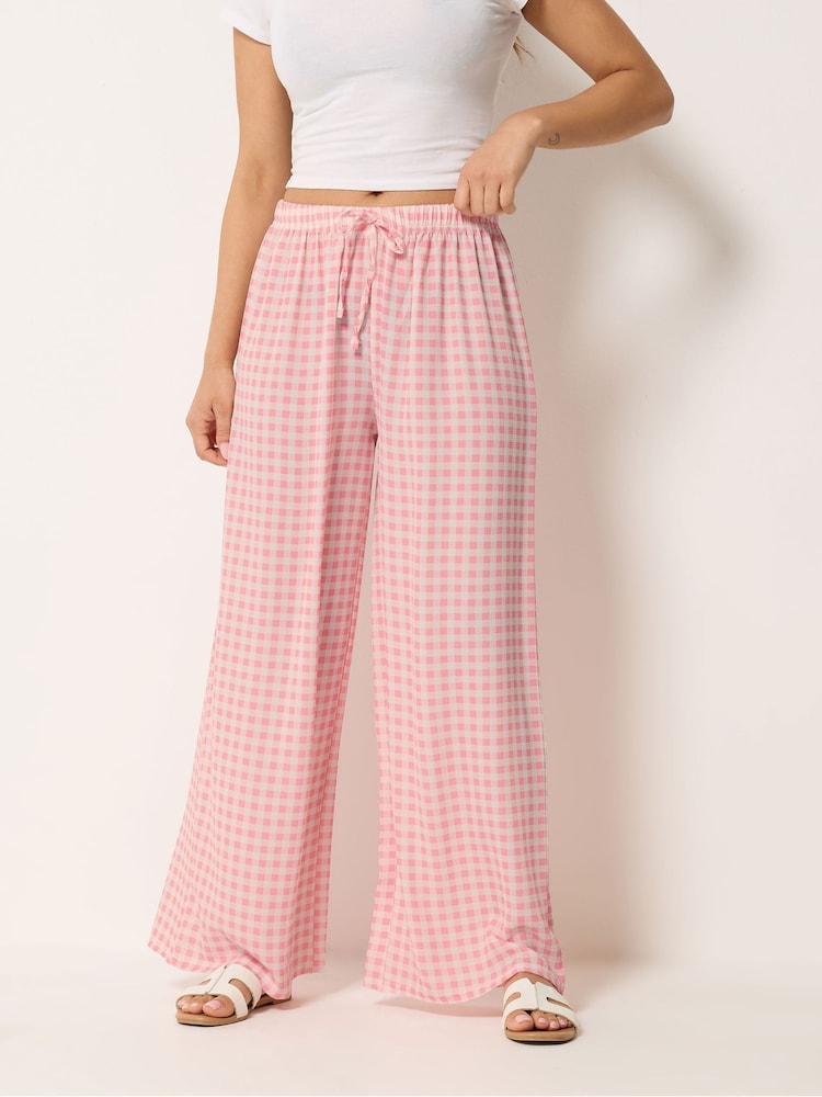 PixieGirl Petite Pink Gingham Wide Leg Trousers - Image 2 of 5