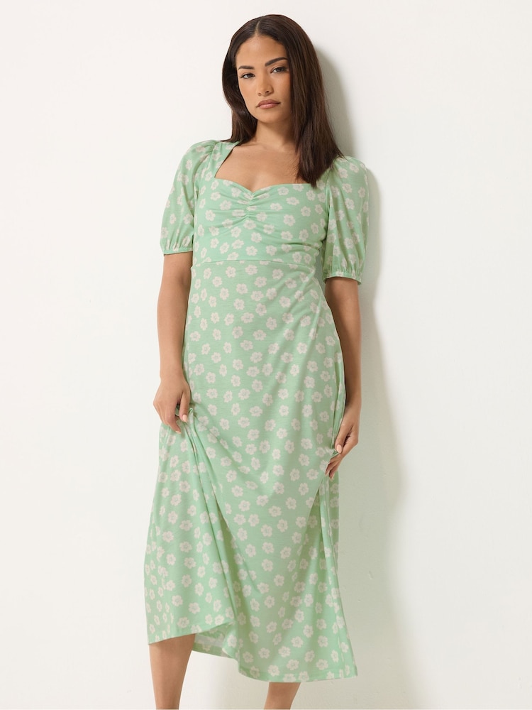 PixieGirl Petite Green Daisy Ruched Bust Midi Dress - Image 1 of 5