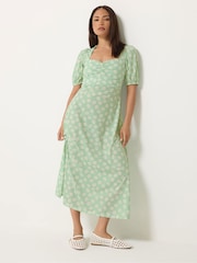 PixieGirl Petite Green Daisy Ruched Bust Midi Dress - Image 3 of 5
