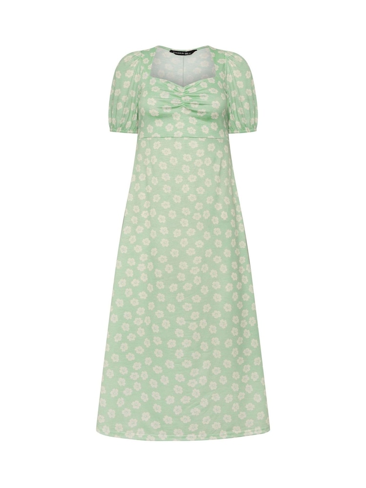 PixieGirl Petite Green Daisy Ruched Bust Midi Dress - Image 5 of 5