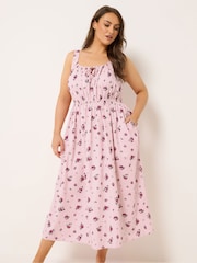 Yours Curve Pink Linen Blend Milkmaid Dress - Image 1 of 5