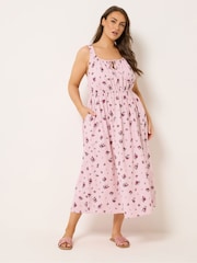Yours Curve Pink Linen Blend Milkmaid Dress - Image 2 of 5