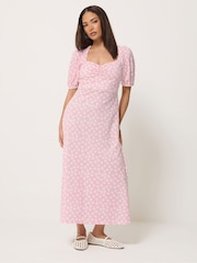 PixieGirl Petite Pink Daisy Ruched Bust Midi Dress - Image 1 of 5