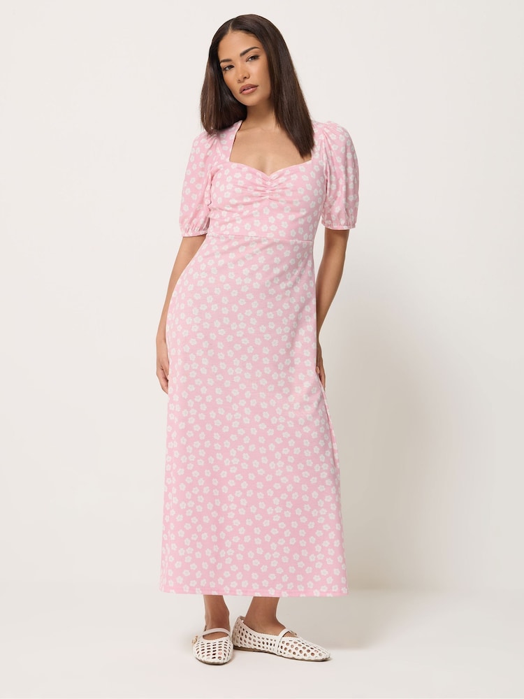 PixieGirl Petite Pink Daisy Ruched Bust Midi Dress - Image 1 of 5