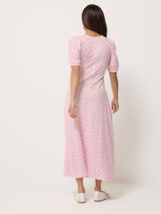 PixieGirl Petite Pink Daisy Ruched Bust Midi Dress - Image 2 of 5