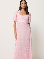 PixieGirl Petite Pink Daisy Ruched Bust Midi Dress - Image 3 of 5