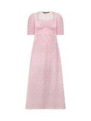 PixieGirl Petite Pink Daisy Ruched Bust Midi Dress - Image 5 of 5