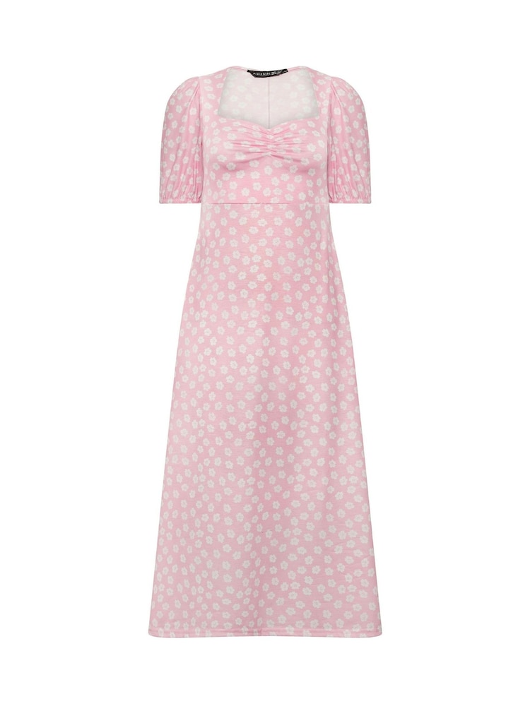 PixieGirl Petite Pink Daisy Ruched Bust Midi Dress - Image 5 of 5