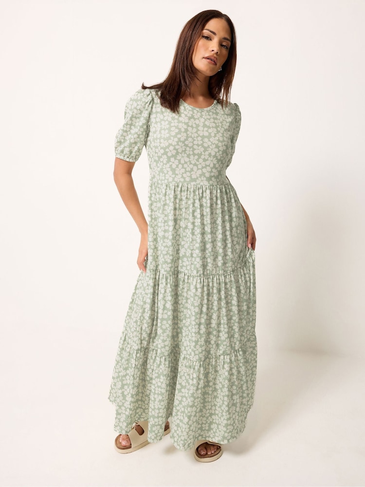 PixieGirl Petite Green Ditsy Short Sleeve Tiered Maxi Dress - Image 1 of 5