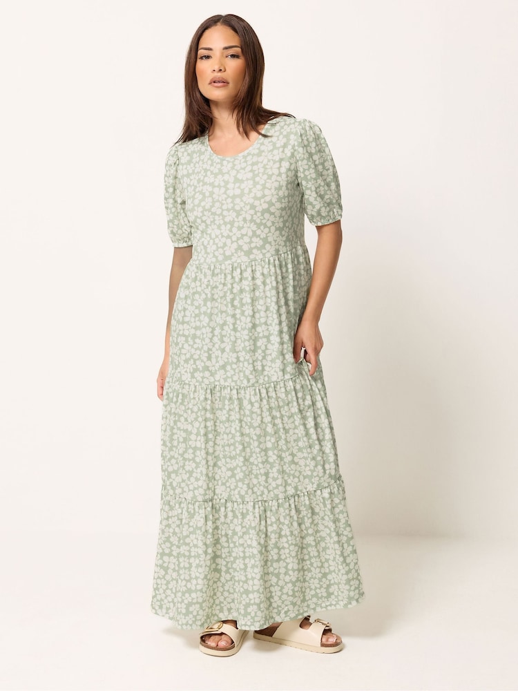 PixieGirl Petite Green Ditsy Short Sleeve Tiered Maxi Dress - Image 2 of 5