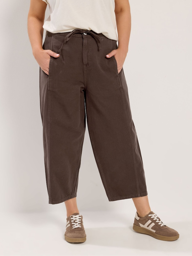 Yours Curve Brown Barrel Leg Cropped Trousers - Image 1 of 5 Yours Curve Brown Barrel Leg Cropped Trousers - Image 1 of 5