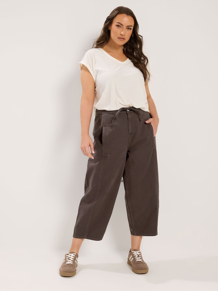 Yours Curve Brown Barrel Leg Cropped Trousers - Image 2 of 5 Yours Curve Brown Barrel Leg Cropped Trousers - Image 2 of 5