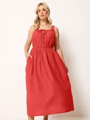 Yours Curve Red Linen Blend Milkmaid Dress - Image 1 of 5