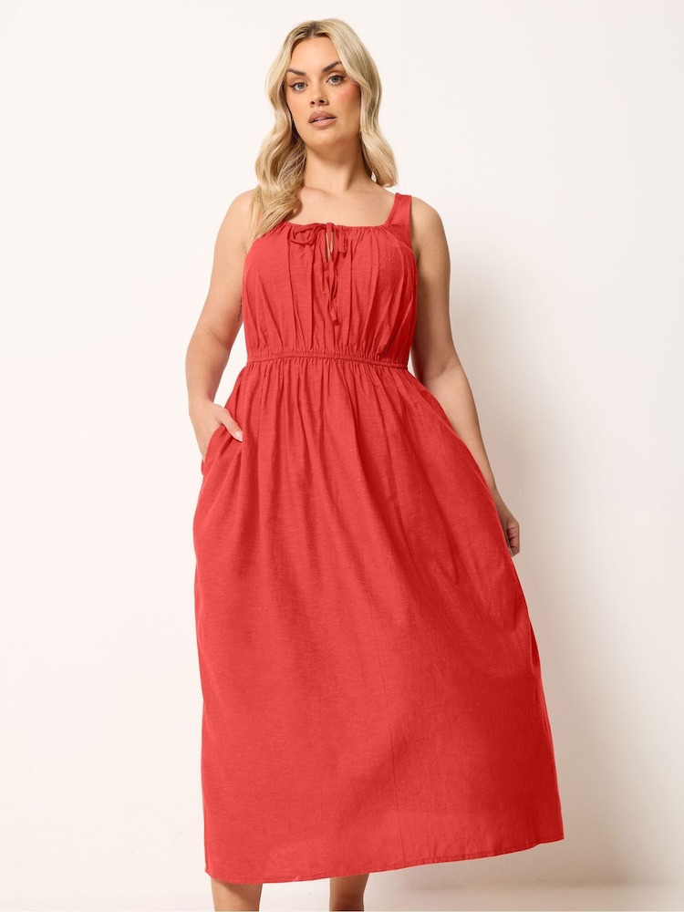 Yours Curve Red Linen Blend Milkmaid Dress - Image 1 of 5