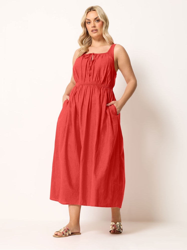 Yours Curve Red Linen Blend Milkmaid Dress - Image 2 of 5