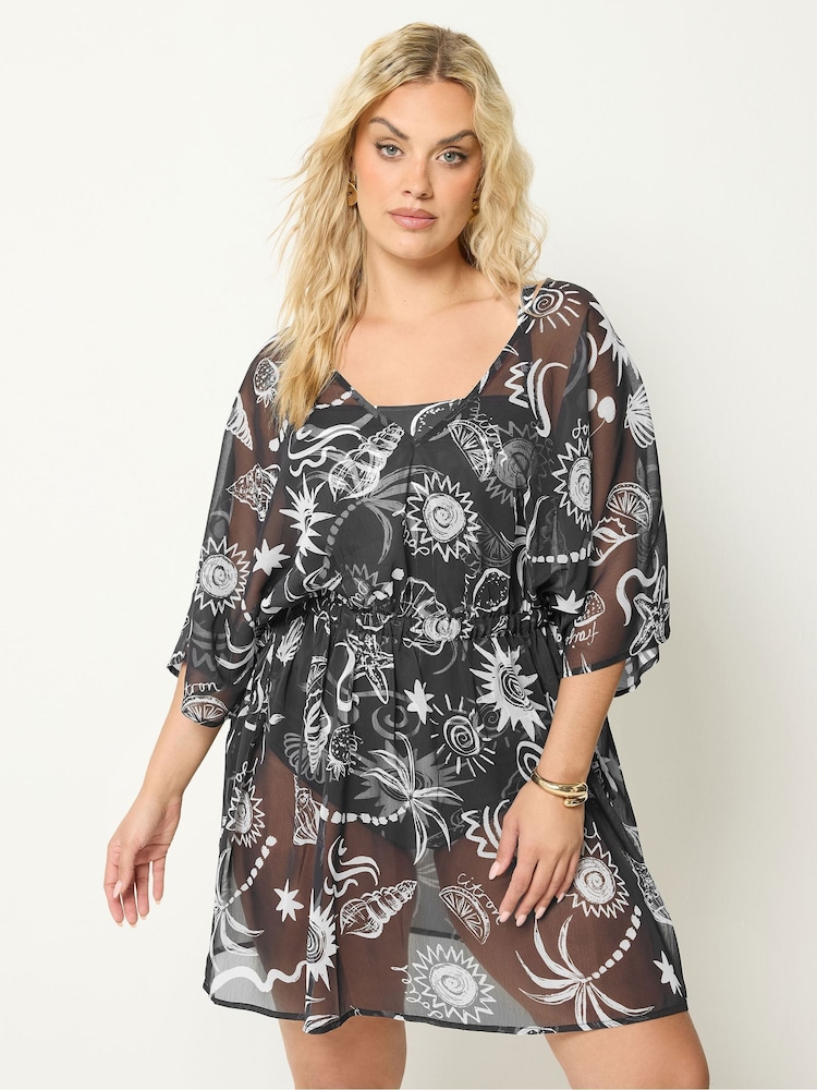 Yours Curve Black Palm Tree Print Kaftan - Image 2 of 5 Yours Curve Black Palm Tree Print Kaftan - Image 2 of 5