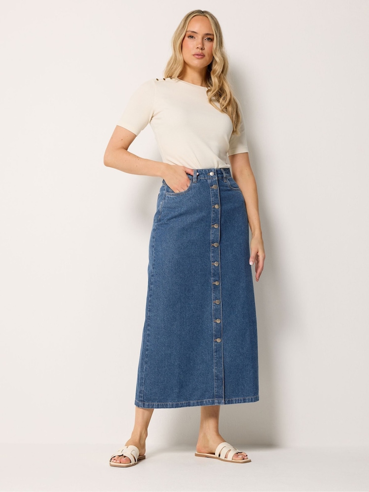 Long Tall Sally Blue Button Denim Maxi Skirt - Image 1 of 6 Long Tall Sally Blue Button Denim Maxi Skirt - Image 1 of 6