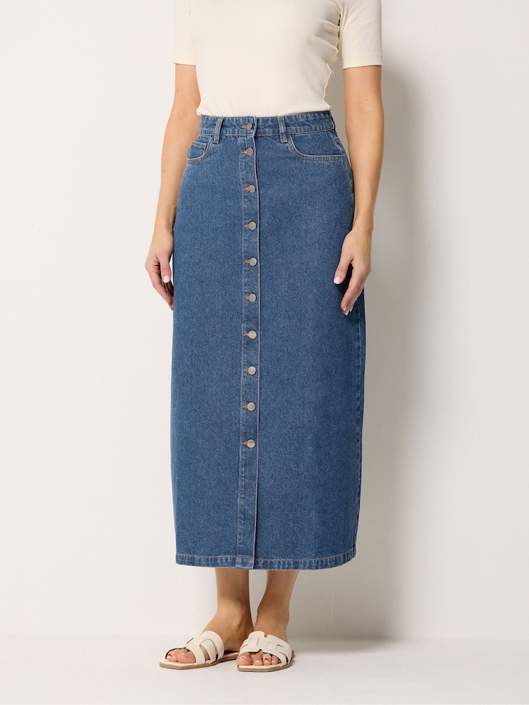 Long Tall Sally Blue Button Denim Maxi Skirt - Image 2 of 6 Long Tall Sally Blue Button Denim Maxi Skirt - Image 2 of 6