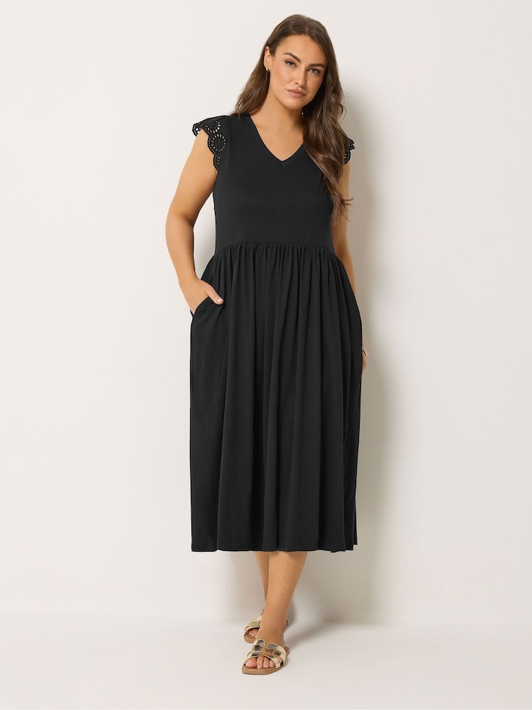 Yours Curve Black Broderie Sleeve Midaxi Dress - Image 1 of 4