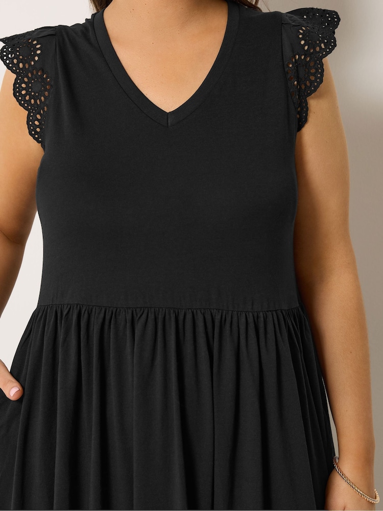 Yours Curve Black Broderie Sleeve Midaxi Dress - Image 4 of 4