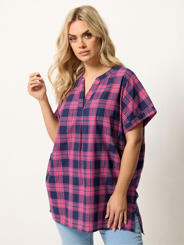 Yours Curve Pink Checked Pleated Top - Image 1 of 5