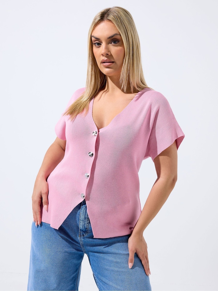 粉色 - Yours Curve Limited Double Button Knitted Top - 圖片 1/5