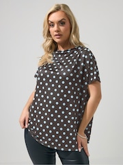 Yours Curve Chocolate Brown Polka Dot London Pleated Shoulder Top - Image 1 of 5
