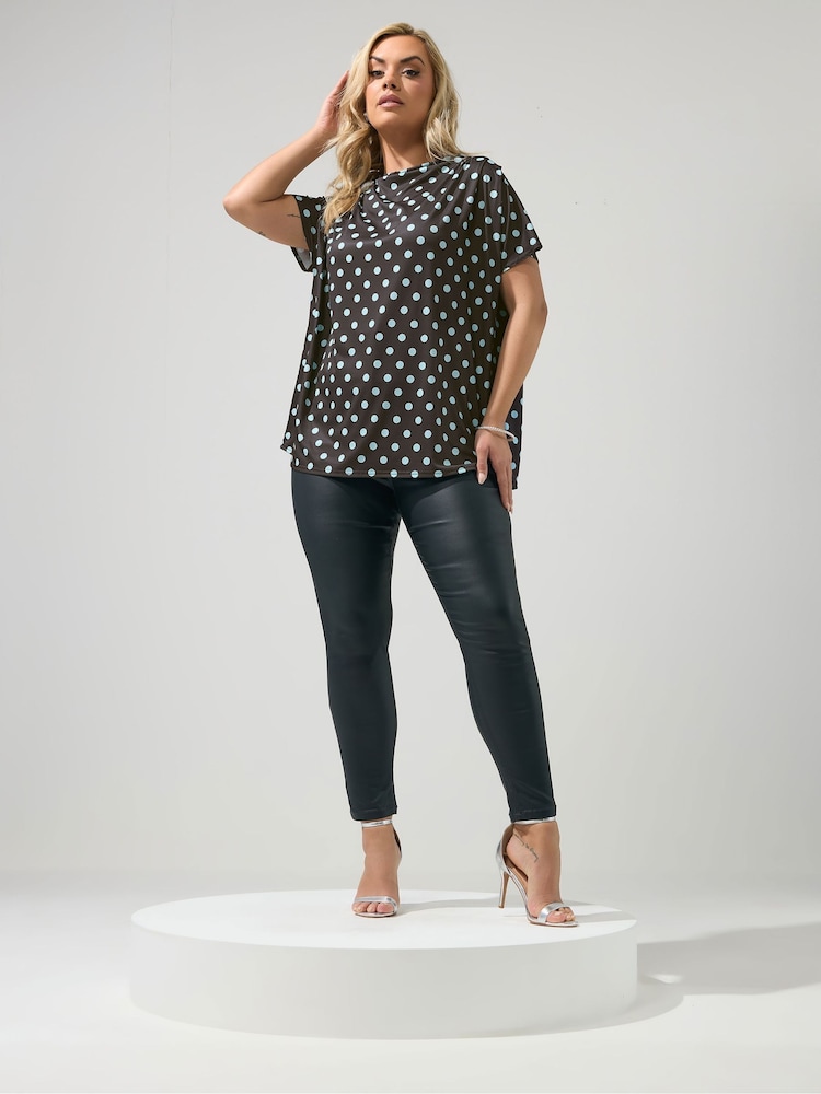 Yours Curve Chocolate Brown Polka Dot London Pleated Shoulder Top - Image 2 of 5 Yours Curve Chocolate Brown Polka Dot London Pleated Shoulder Top - Image 2 of 5