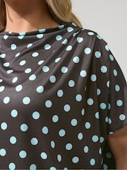 Yours Curve Chocolate Brown Polka Dot London Pleated Shoulder Top - Image 4 of 5