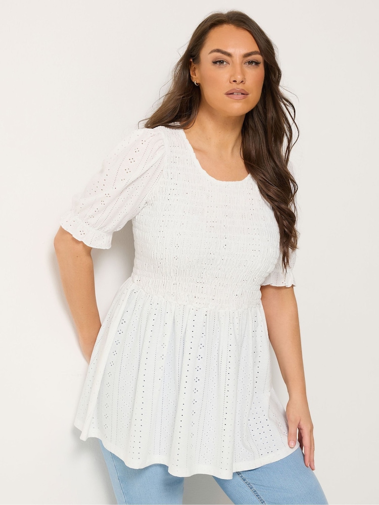 Yours Curve White Shirred Puff Sleeve Top - Image 1 of 4