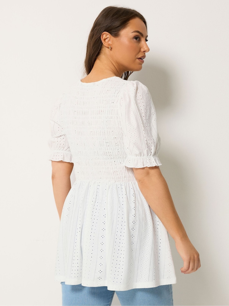 Yours Curve White Shirred Puff Sleeve Top - Image 2 of 4