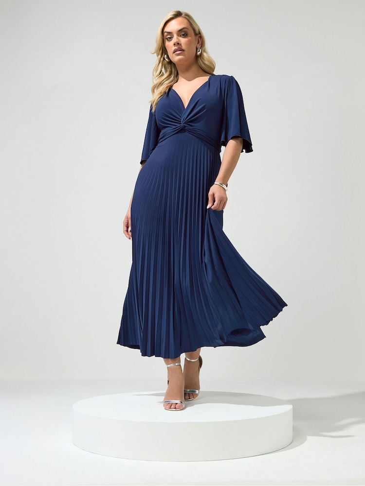 Yours Curve Blue London Pleated Knot Angel Sleeve Maxi Dress - Image 1 of 5