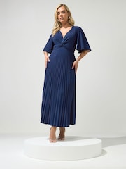 Yours Curve Blue London Pleated Knot Angel Sleeve Maxi Dress - Image 2 of 5