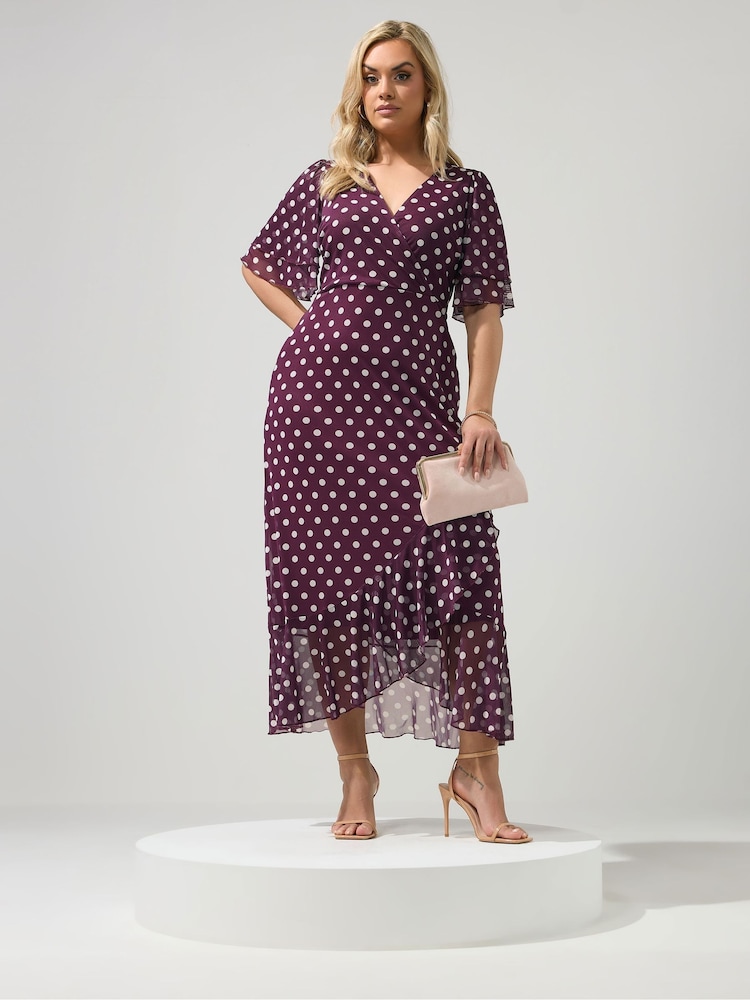 Yours Curve Purple London Mesh Wrap Ruffle Dress - Image 1 of 5 Yours Curve Purple London Mesh Wrap Ruffle Dress - Image 1 of 5