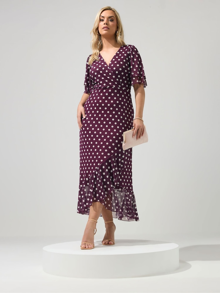 Yours Curve Purple London Mesh Wrap Ruffle Dress - Image 2 of 5 Yours Curve Purple London Mesh Wrap Ruffle Dress - Image 2 of 5