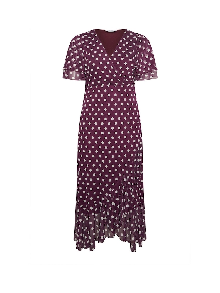 Yours Curve Purple London Mesh Wrap Ruffle Dress - Image 5 of 5 Yours Curve Purple London Mesh Wrap Ruffle Dress - Image 5 of 5