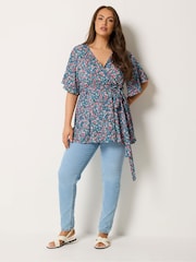 Yours Curve Blue Textured Wrap Top - Image 2 of 4