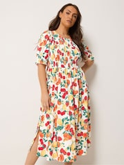 Yours Curve Orange Shirred Puff Sleeve Dress - Image 1 of 5