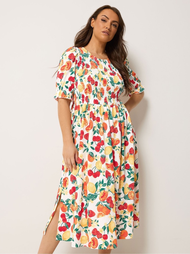 Yours Curve Orange Shirred Puff Sleeve Dress - Image 1 of 5