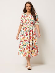 Yours Curve Orange Shirred Puff Sleeve Dress - Image 2 of 5