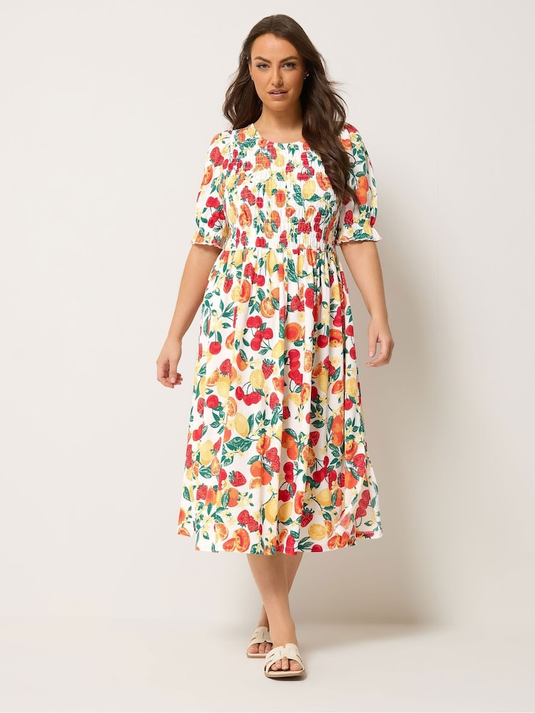 Yours Curve Orange Shirred Puff Sleeve Dress - Image 2 of 5