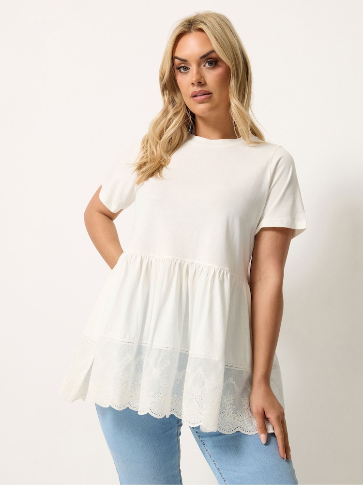 Yours Curve White Tiered Anglaise Peplum Top - Image 1 of 4